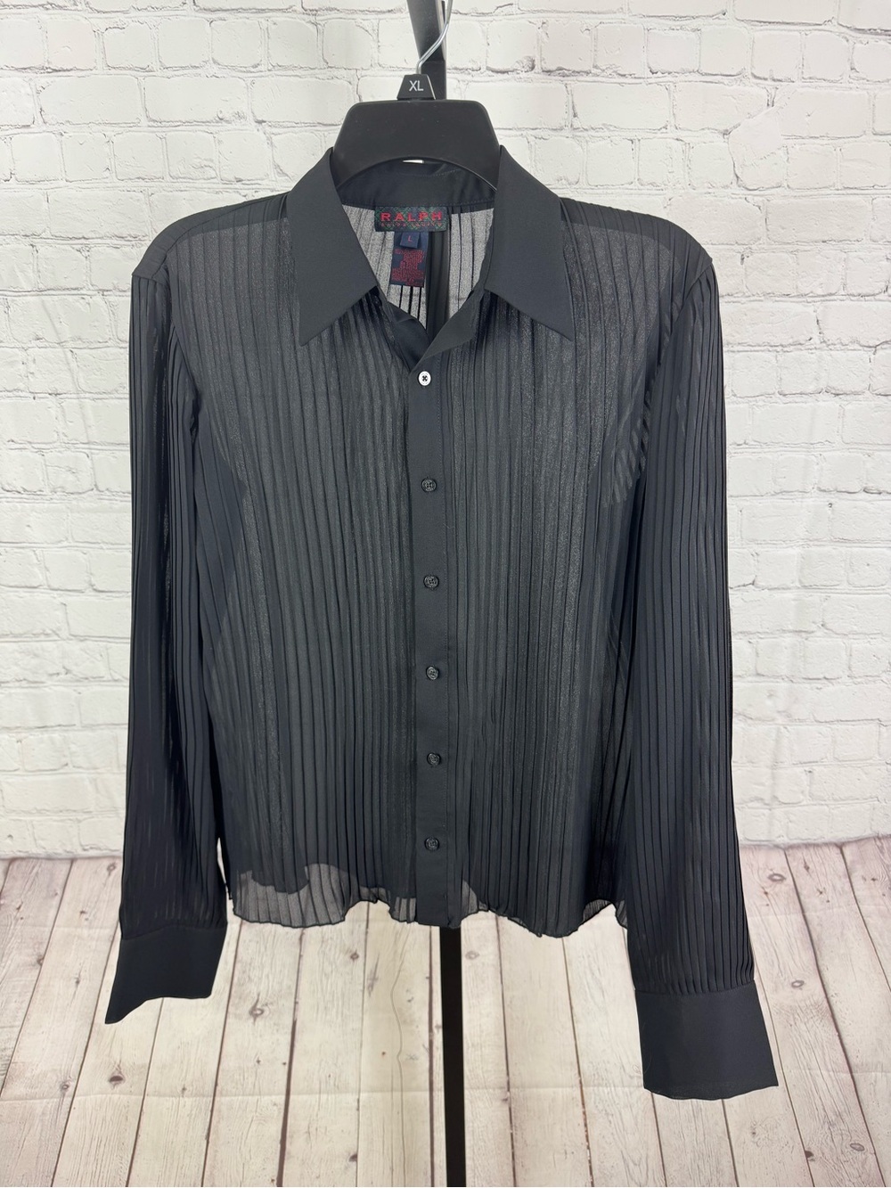 Ralph Lauren Black Sheer Vertical-Pleat Button Shirt